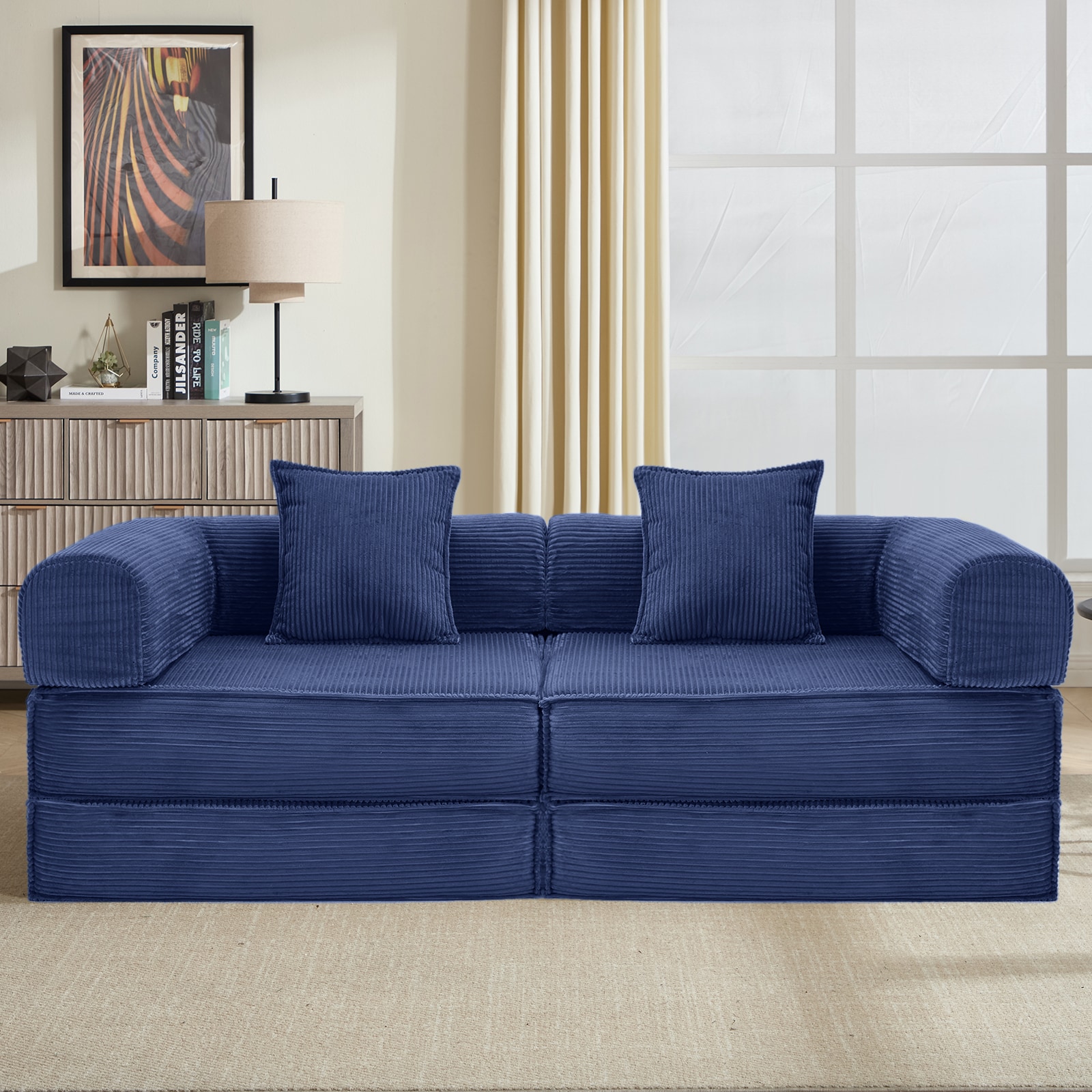 78" Convertible Sleeper Sofa Bed, Modular Corduroy Couch With 2 Pillows, Compressed Floor Sofa For Living Room, Bedroom (Blue)_voghion.com